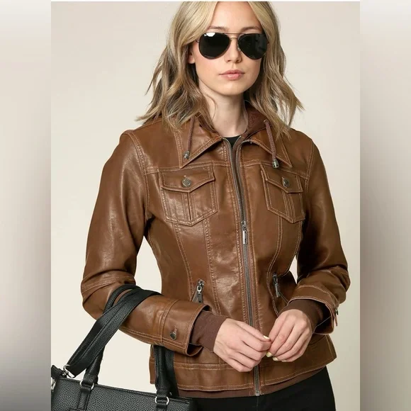 Faux Leather Jacket Women Motorcycle Coat for Biker with Removable Hood -camel - Picture 5 of 7